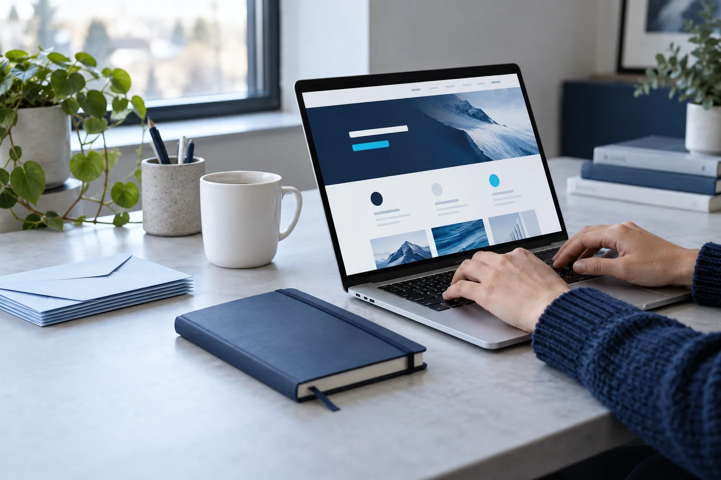 Illustrative workspace with a website open on a laptop and business envelopes